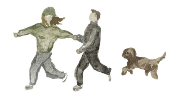 Dog Walk Watercolor illustration of a couple walking with their dog.
